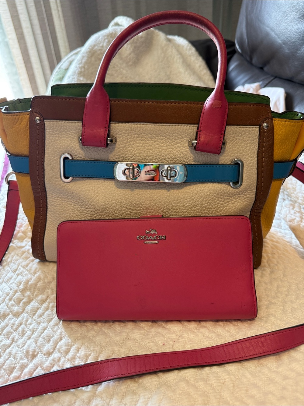 COACH Colorblock Leather Satchel with Pink Wallet